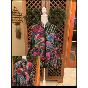 Cache VTG Peacock Silk Sequin Bomber Jacket Large Artsy maximalist Art to Wear